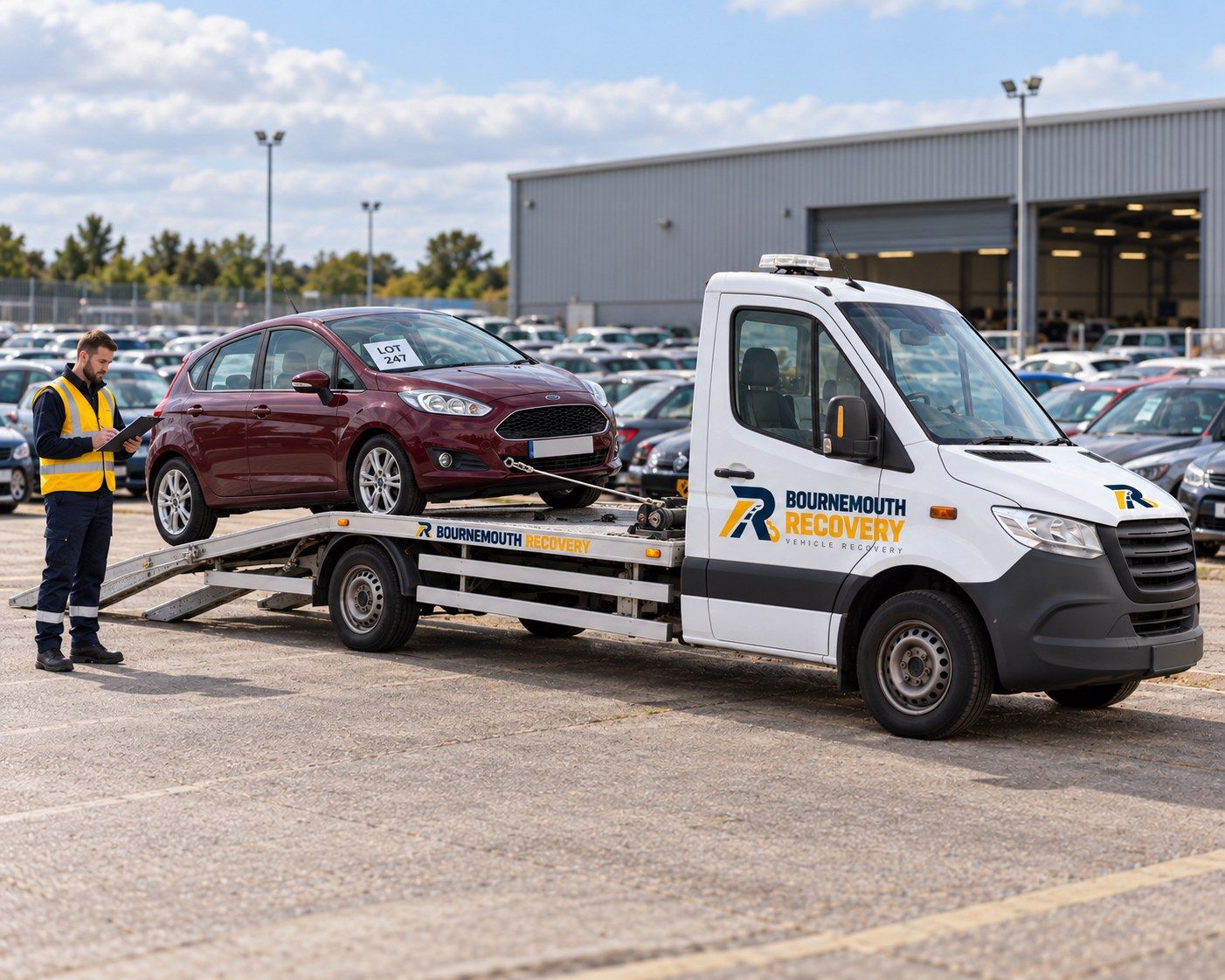 Car with an auction lot sticker loaded onto a Bournemouth Recovery truck at a vehicle auction site