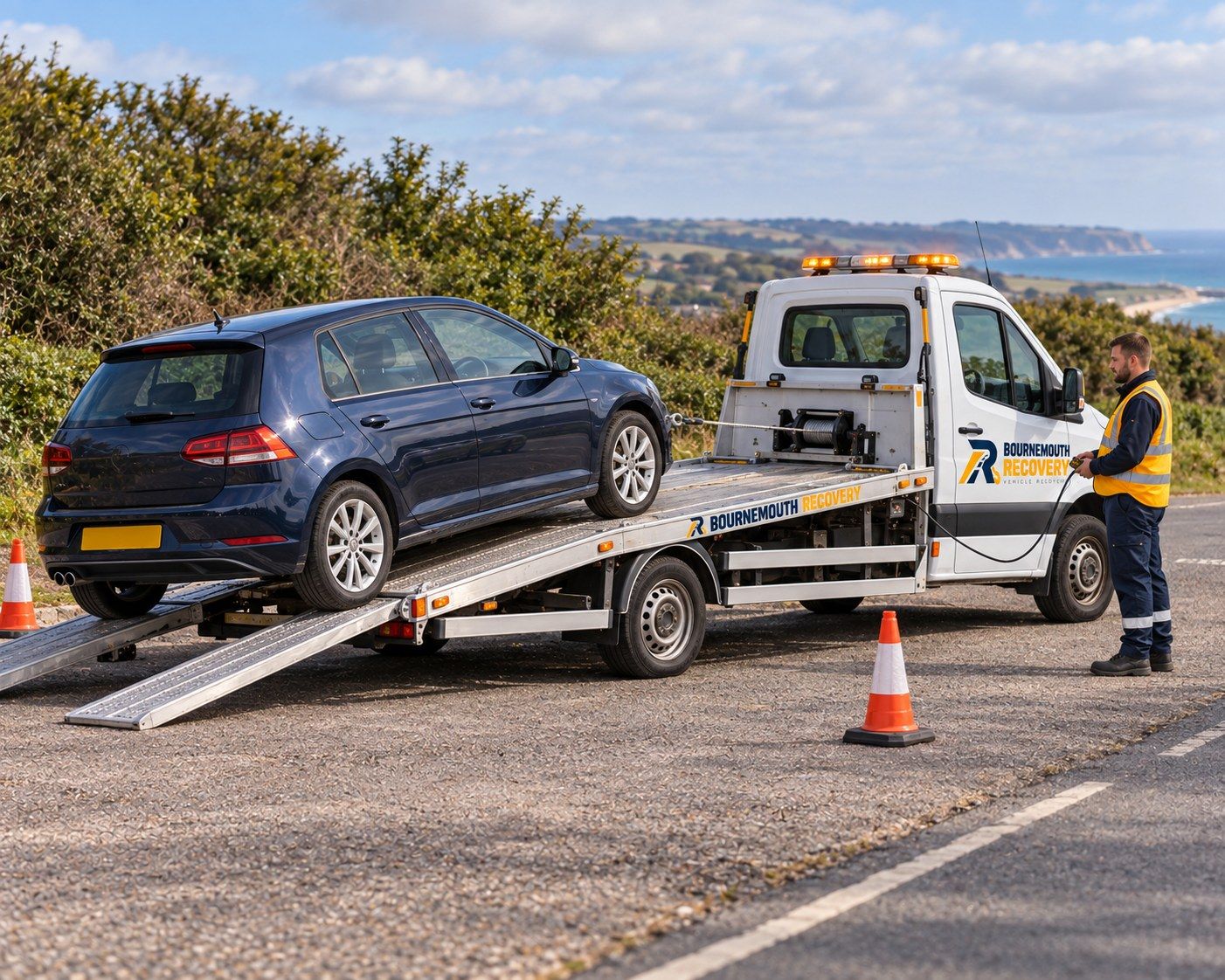 Bournemouth Recovery operator winching a broken-down hatchback onto a flatbed truck at the roadside