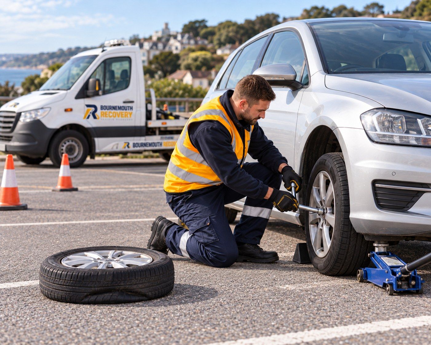 Recovery operator changing a car wheel with a trolley jack at the roadside