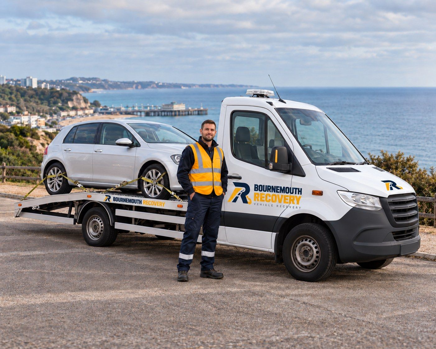 Bournemouth Recovery flatbed truck with a car loaded, parked above Bournemouth beach and pier