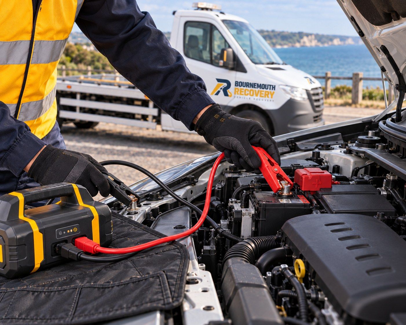 Recovery operator connecting a jump starter pack to a car battery