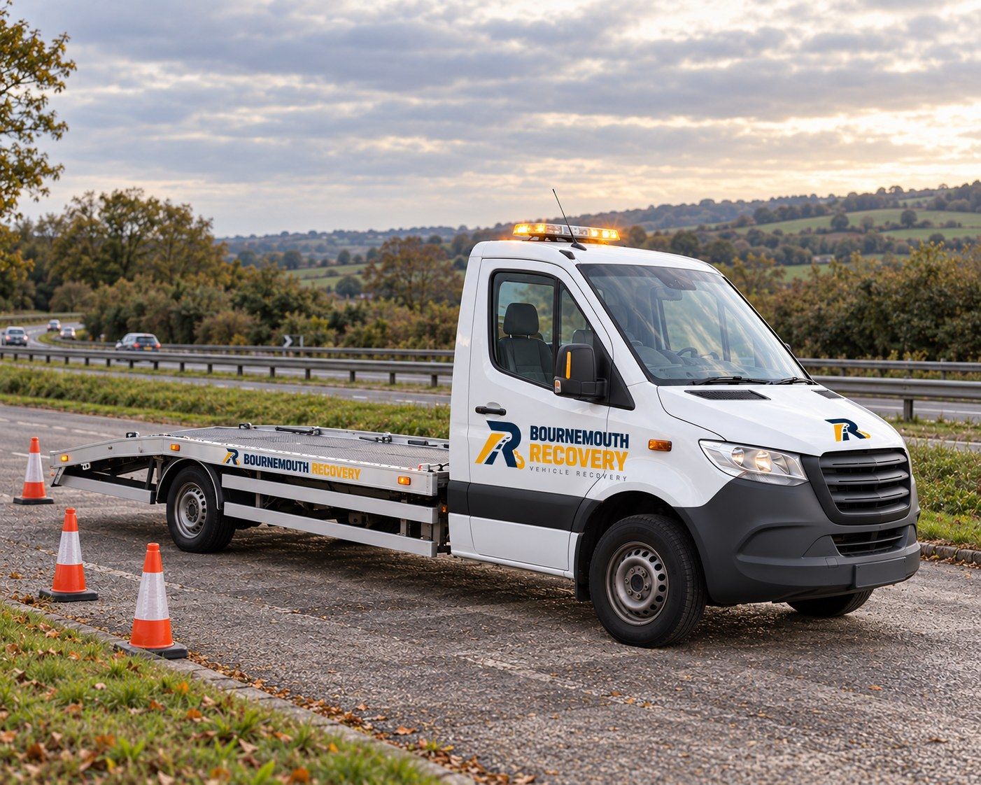 Bournemouth Recovery truck with warning beacons and cones in a lay-by beside a dual carriageway