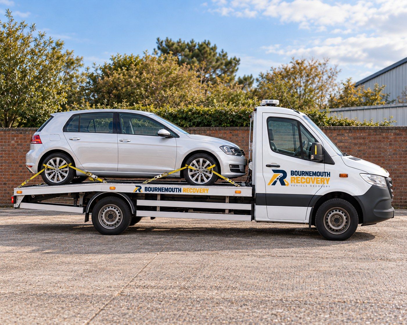 Silver hatchback strapped onto a Bournemouth Recovery flatbed truck
