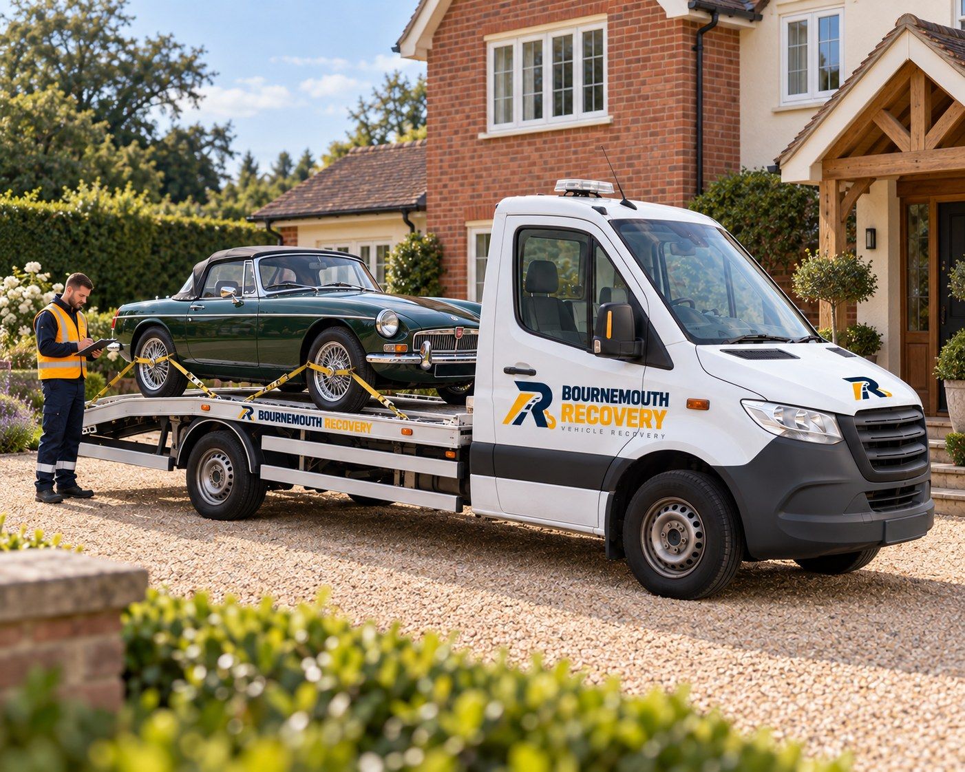 Classic convertible delivered on a Bournemouth Recovery flatbed outside a house