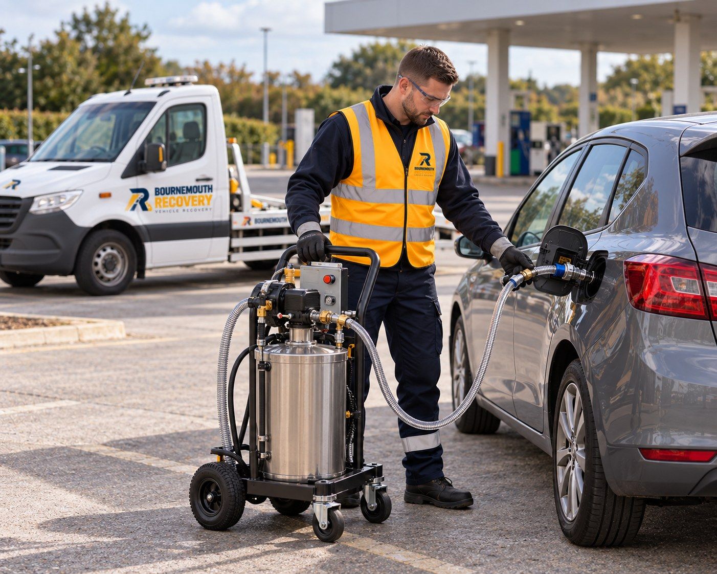 Recovery operator draining the wrong fuel from a car at a filling station